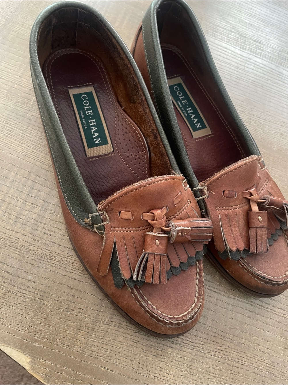 Cole Haan Brown Tassel Fringe Leather Loafers with Dark Trim